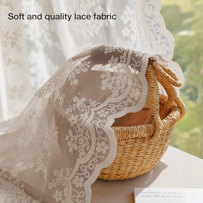 Anmao Vintage Lace Curtains 54 Inches Long 2 Panels Set, Romantic Elegant Light Filtering Semi Sheer Floral Thick Lacy Curtain Drapes for Living Room and Bedroom, Each Panel 55W x 54L, Beige Plum