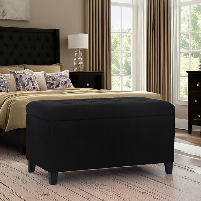 Asense Storage Ottoman Bench, Tufted Fabric Upholstered End of Bed Bench with Safety Hinge Wooden Legs, for Entryway Bedroom (Cotton and Linen Black, 33.3")