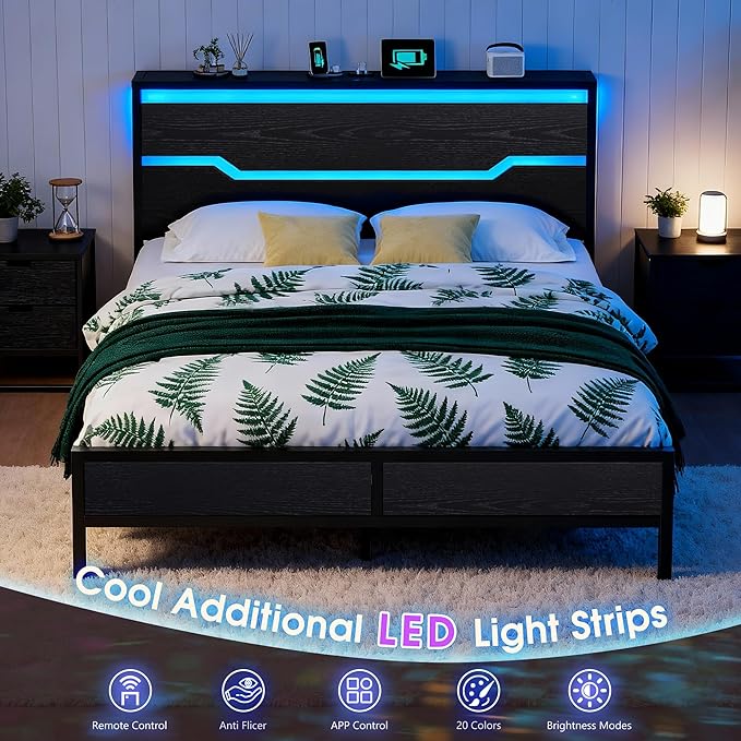 Full Size Bed Frame with LED Lights & Charging Station, Bed Frame Full with Headboard,13" Under Bed Storage, Noise-Free Heavy Duty Metal Support, Modern Black