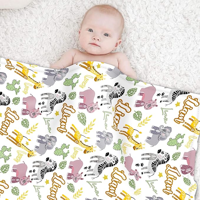 Custom Safari Animals Blanket Gift, Personalized Baby Blanket with Name, Soft Plush Flannel/Sherpa Fleece Throw Blankets for Toddler Kid Teen Boys Girls Color02