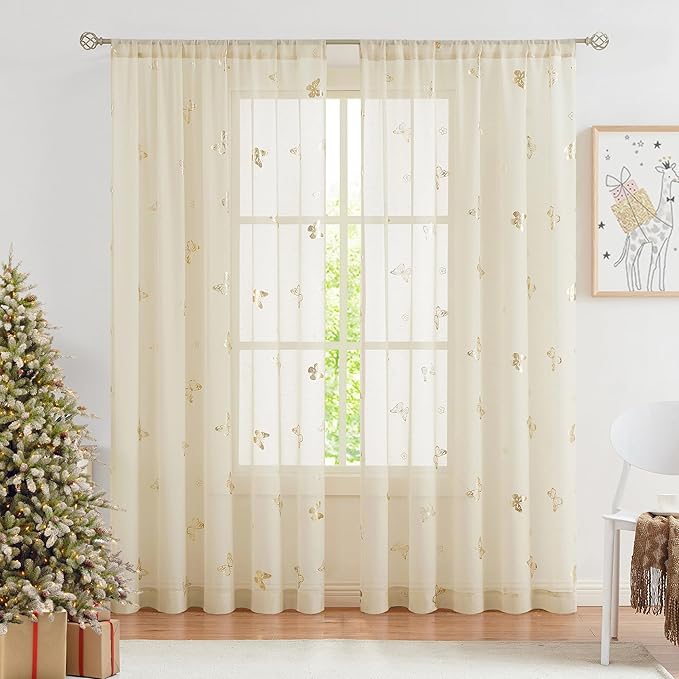 Jubilantex Butterfly Sheer Curtain Panels for Girls Nursery Bedroom, Toddler Gold Print Linen Textured Voile Farmhouse Rod Pocket Window Drapes 84 Inch for Kids Room, 2 Panels, Ivory/Beige