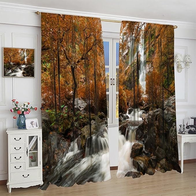 Forest Waterfall Blackout Curtains, Autumn Jungle Mountains Fall Nature Landscape Window Drapes, for Bedroom Living Room 42" W X 45" L