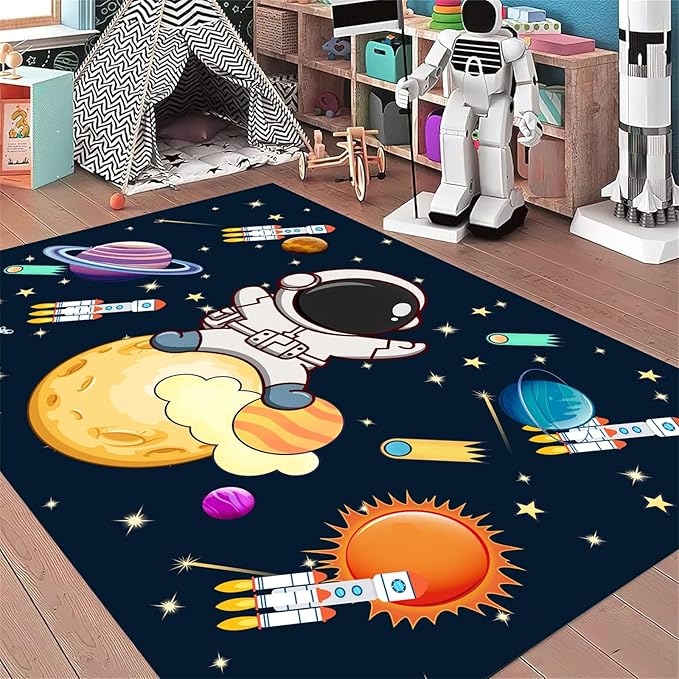 5x7ft Kids Space Themed Area Rug - with Spaceman, Rocket and Planet Design, Non-Slip Washable, Easy Care Rug, Suitable for Kids Playroom, Boys and Girls Room Decor
