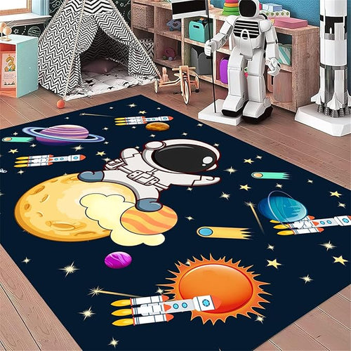 6x8ft Kids Space Themed Area Rug - with Spaceman, Rocket and Planet Design, Non-Slip Washable, Easy Care Rug, Suitable for Kids Playroom, Boys and Girls Room Decor