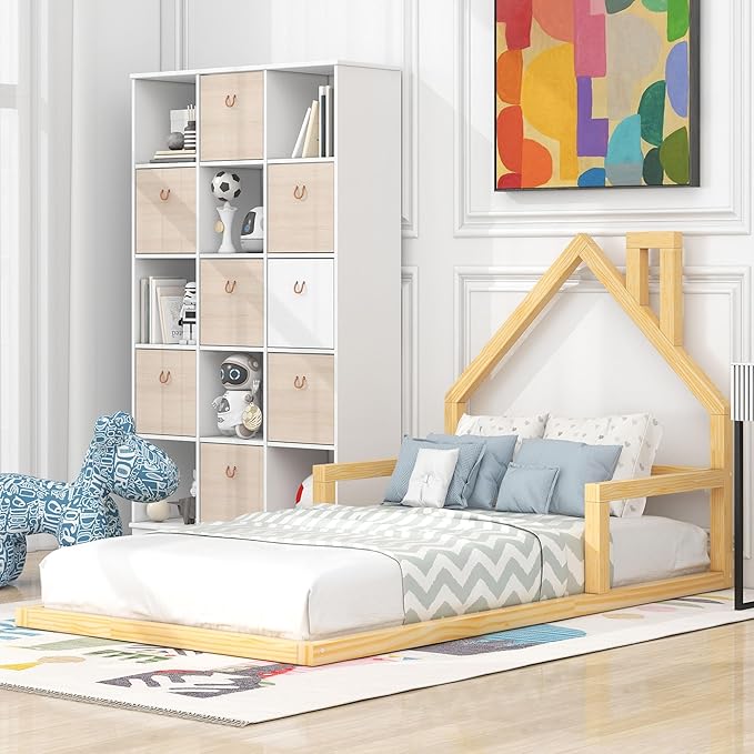 Harper & Bright Designs Twin Size Floor Bed with House Shaped Headboard, Montessori Floor Bed for Kids, Solid Wood Low Bed Frame for Bedroom, Playroom, Wooden Slats Support, Natural