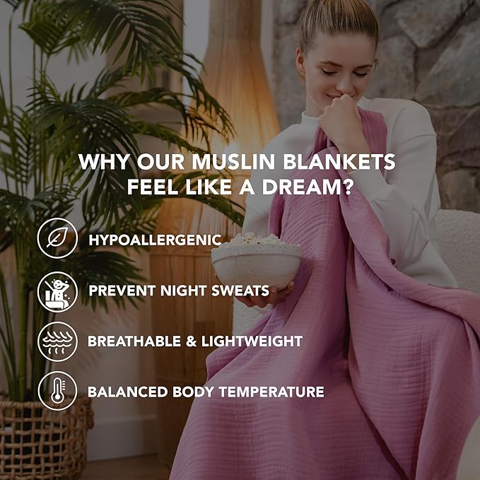 Goqan Muslin Blanket King Size 90x108 – 100% Cotton 4 Layer Boho Muslin Blanket for Adults, Lightweight, Soft, Breathable for Bed, Couch - Pink