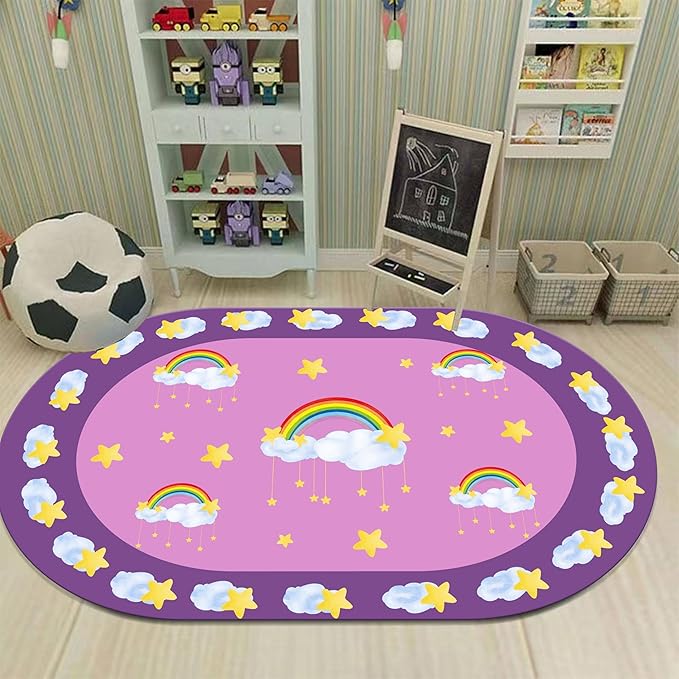 Rainbow Stars Kids Rug, 4x6ft, White Clouds Yellow Stars Pattern Oval Rug, Cute Soft Indoor Carpet for Girls Bedroom, Non-Slip Washable Low Pile Floor Mats for Classroom Nursery Playroom