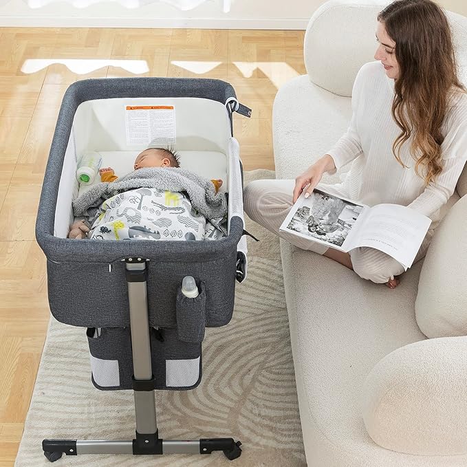Ihoming Baby Bassinet Bedside Sleeper, Baby Bed Side Crib with Storage Basket, Easy Folding Bassinets, Adjustable Baby Bed for Infant Newborn, Gray
