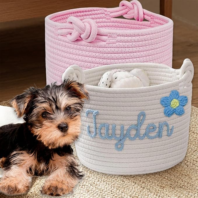 Personalized Dog Toy Basket Custom Dog Toy Box Rope Woven Basket with Pet's Name Dog Storage Organizer with Handles Cute Toy Bin for Cat Pink