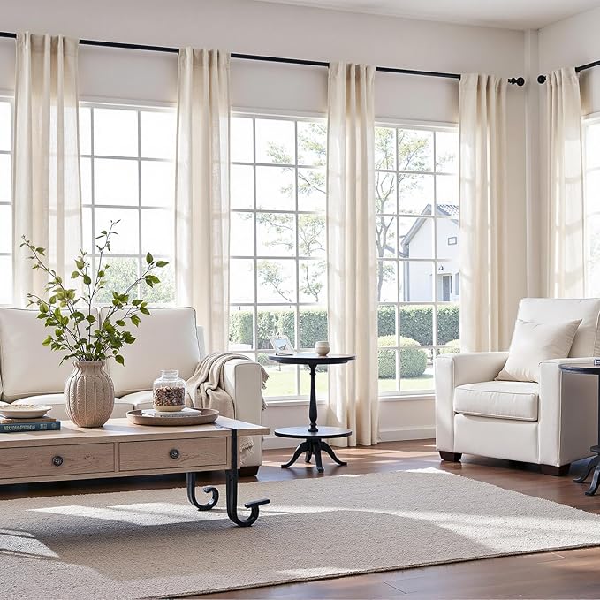 jinchan Beige Linen Blend Curtains 90 Inches Length 2 Panels for Bedroom Bathroom, Natural Farmhouse Country Cottage Core Style 38 Inches Wide Drapes with Rod Pocket Back Tab (38W x 90L, Ecru)