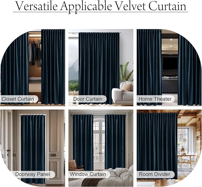 StangH Extra Wide Velvet Curtains Luxury Navy Blue Room Darkening Thermal Insulated Sliding Door Curtains Back Tab Large Window Drapes for Living Dining Room Hotel, W100 x L96, 1 Panel
