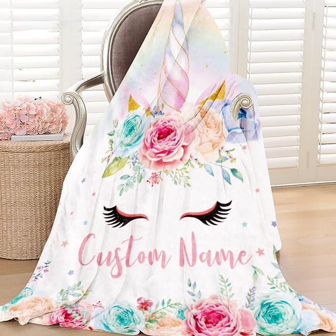 Custom Horse Blanket with Name for Girl, Personalized Name Blanket for Kids, Soft Flannel Pink Toddler Blanket Customized Gift for Birthday Christmas Baby Shower Children Day 40x50in