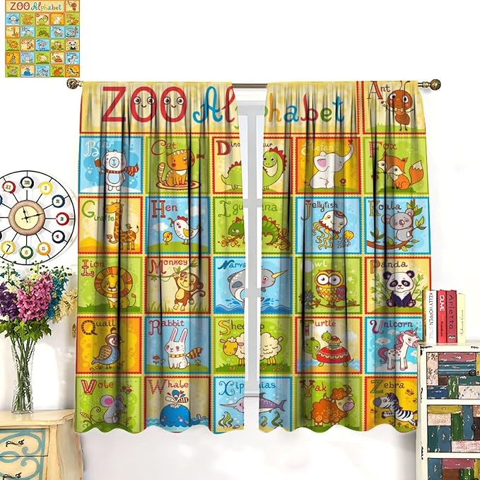 Alphabet Curtains Kids Educational Learning Tool Baby Cartoon Animals Colorful Curtain with Rod Pocket for Bedroom Living Room Decor Drapes Window Treatments 2 Panels Set 42" W X 63" L