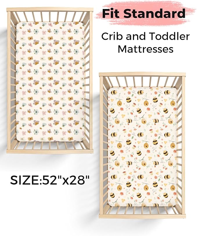 Crib Sheets for Boys and Girls, 2 Pack Fitted Baby Sheets for Standard Toddler Mattress 28" x 52", Soft Breathable Jersey Knit Baby Bedding (Rosy Days)