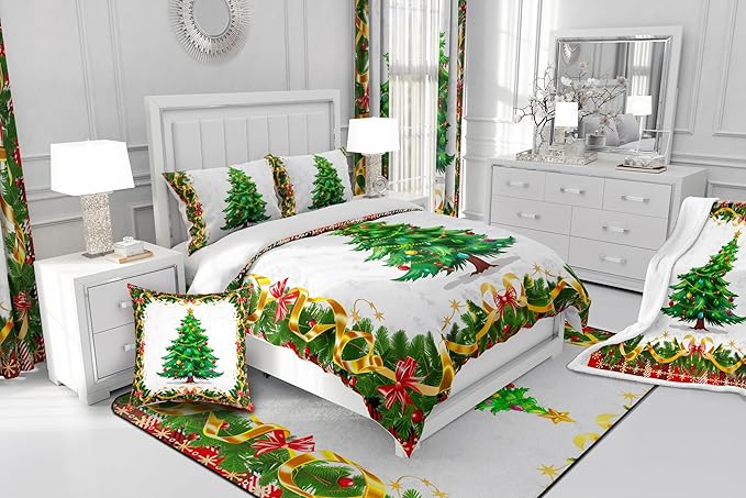 Christmas Tree Comforter Set Queen Size,Merry Christmas Bedding Set for Kids Boys Girls Room Decor,Snowflake Bowknot Green Pine Leaves Duvet Insert 3Pcs,Xmas Plaid Patchwork Quilt Set,2 Pillowcases