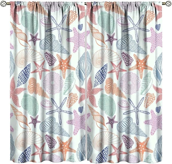 Coastal Nautical Curtains,Colorful Starfish Seashell Beach Sea Starfish Seashell Theme Pattern Blackout Print Home Bedroom Living Room Window Treatmen 2 Panel Set 84x84 Inch
