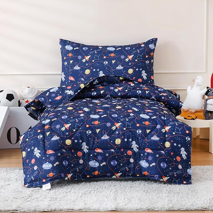 LONAVA Twin Kids Comforter Set - 4 Pieces Twin Bedding Sets for Boys Girls Children, Ultra Soft Microfiber Bed in A Bag with Flat Fitted Sheets, Space