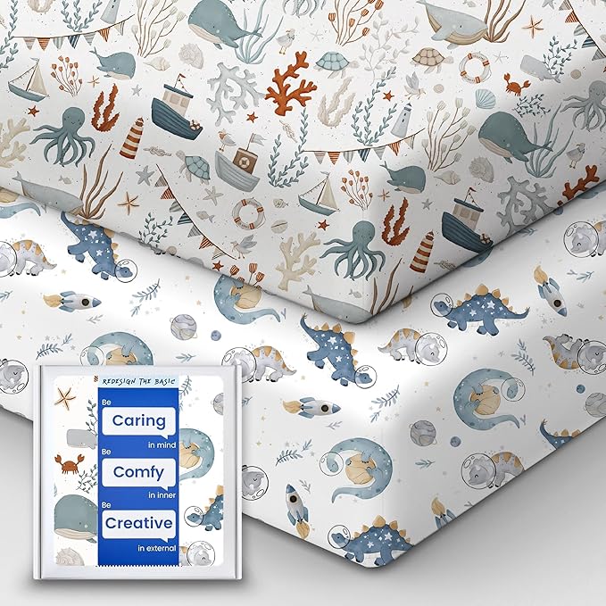 Pack and Play Sheets Fitted, Ultra Soft Mini Crib Sheets Boy, Neutral Pack N Play Mattress Sheets Hypoallergenic and Soothing, Premium Jersey Playrad Sheets, Dino Sea Animals, 2 Pack