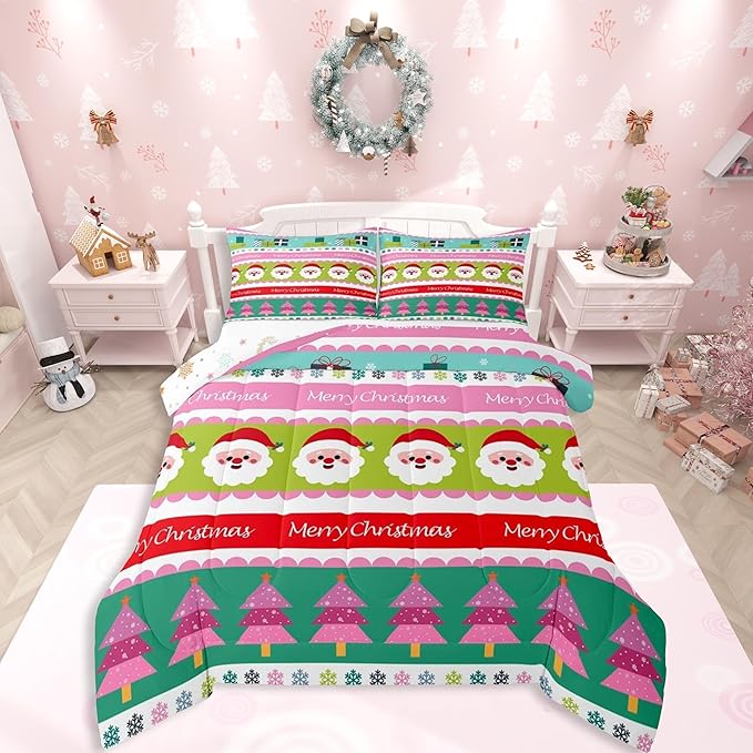 Feelyou Merry Christmas Comforter Set Full Size Santa Claus Bedding Set for Kids Boys Girls Xmas Tree Snowflake Duvet Quilt Striped Bedroom Decor Microfiber 3 Pcs with 2 Pillow Cases