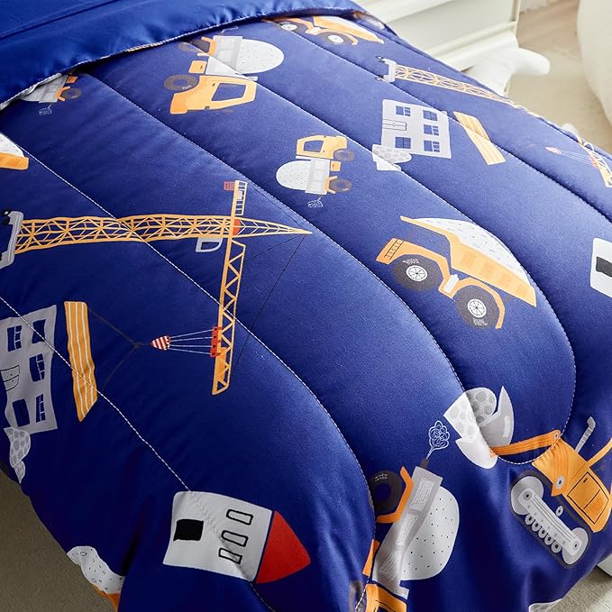 4 Pieces Construction Toddler Bedding Set for Boys Yellow Engineering Vehicle Toddler Bed Set with Bulldozer Tipper Truck Crane Cute Toddler Bed in a Bag with Sheet Set and Pillow Shams - Navy Blue