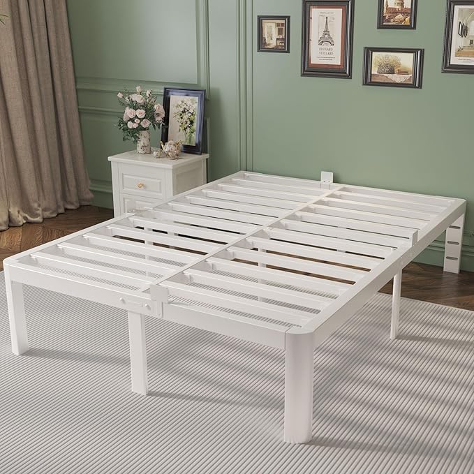 Full Size Bed Frame 16 Inch White, Metal Full Bed Frame with Baffles, No Box Spring Needed, Heavy Duty Steel Platform Supprt, Rounded Corner Design, Reserved Holes, Noiseless, Storage Space