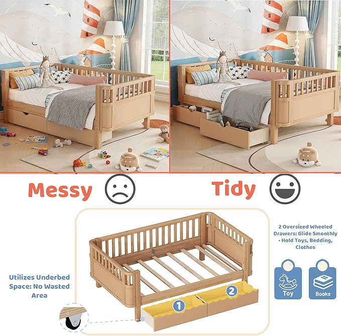 Twin Kids Bed with Storage Drawers & Rails, Wood Low Montessori Beds with Detachable Side Rails & Slats, Modern Daybed for Boys Girls Bedroom, Kids Twin Platform Bed, Natural