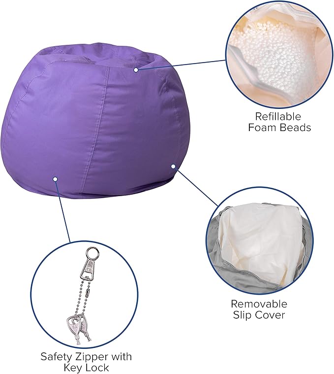 EMMA + OLIVER Small Solid Purple Bean Bag Chair for Kids and Teens