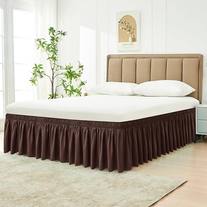 Biscaynebay Wrap Around Bed Skirts for King & Cal King Beds 15" Drop, Brown Adjustable Elastic Dust Ruffles Easy Fit Wrinkle & Fade Resistant Silky Luxurious Fabric Machine Washable