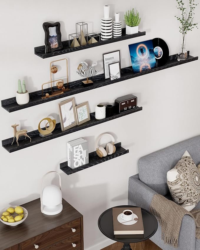 Axeman Oak Picture Ledge Shelf, 24 Inch Floating Shelves Set of 2, Solid Oak Wood Wall Shelves with Lip, Wall Decor Storage for Bedroom Living Room Bathroom Kitchen Nursery Photo Picture, Black