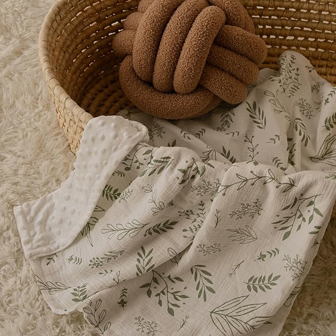 GLLQUEN BABY Blankets for Unisex Boys Girls, 2-Pack Muslin Cotton Front Soft and Breathable, and Dotted Fleece Backing, Printed Bed Nursery Minky Blankets for Toddler Newborn, Greenery,30 x 40 inches