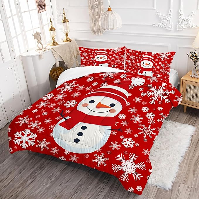 Comforter Set Christmas Snowman: Twin Size Kids Xmas Bedding Sets Red Snowflakes Quilt for Teens Girls Boys Christmas Decor Winter Snow Bed Set 1 Comforter & 1 Pillowcase