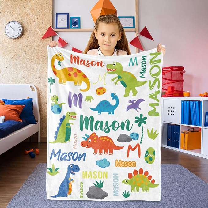 Custom Dinosaur Blanket with Name for Boys, Personalized Name Blanket for Kids Dino, Soft Flannel Dinosaur Customized Gift for Birthday Christmas Baby Shower Children Day 40"x50"