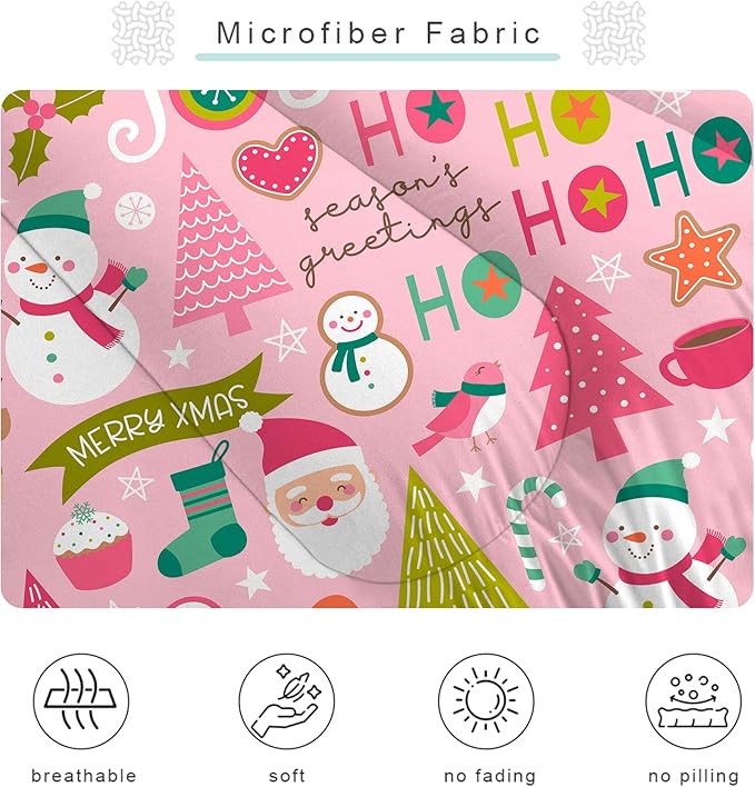 Pink Christmas Comforter Twin: Merry Xmas Santa Claus Bedding Set for Kids Teen Girls Boys Christmas Tree Snowman Elk Quilts Festival Decor Bed Set 1 Comforter & 1 Pillowcase