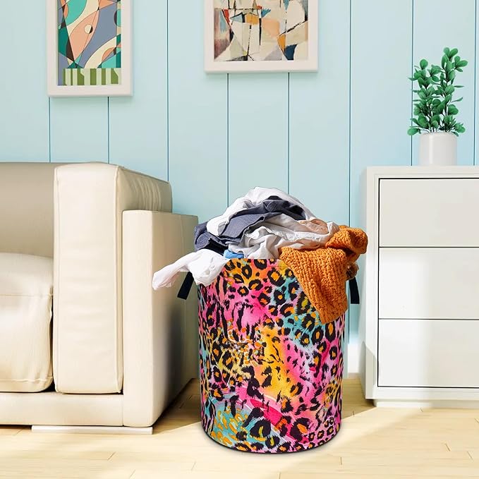 Colorful Leopard Print Laundry Basket Cheetah Oxford Cloth Laundry Hamper With Handle Foldable Portable Clothes Storage Basket 18.9 X 16.5 In Storage Bag For Laundry Room/Bathroom/Bedroom/Dormitories