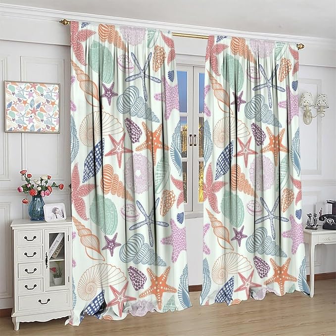Coastal Nautical Curtains,Colorful Starfish Seashell Beach Sea Starfish Seashell Theme Pattern Blackout Print Home Bedroom Living Room Window Treatmen 2 Panel Set 42x63 Inch