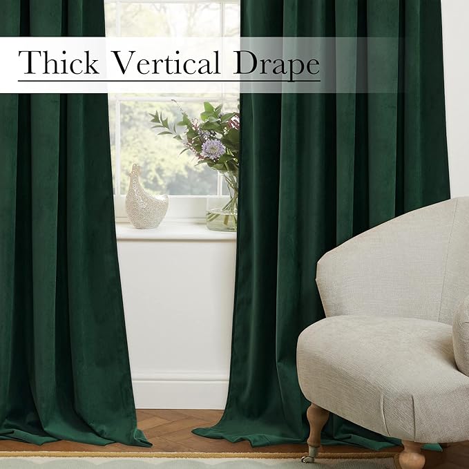 StangH Green Velvet Curtains 96 inches for Living Room, Luxury Christmas Decor Back Tab Thermal Insulated Blackout Heat & Chill Resistant Drapes for Bedroom Windows/French Door, W52 x L96, 2 Panels