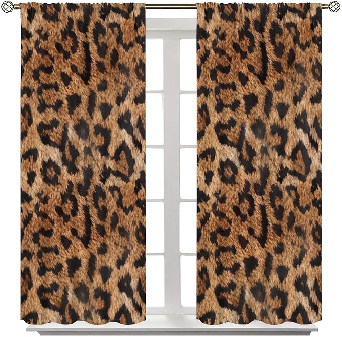 Leopard Print Window Curtains, Animal Fur Skin Brown Farmhouse Wild 3D Rustic Safari Theme Window Treatments for Kids Bedroom Living Room 63" W X 63" L