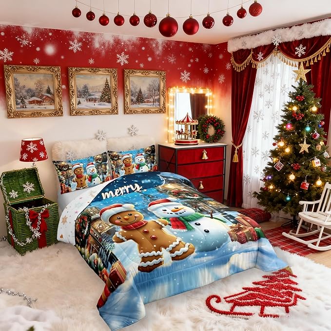 Gingerbread Man Comforter Set Full Size,Cute Snowman Merry Christmas Kids Bedding Set,Snowflake Winter Xmas Poinsettia Quilt Comforter,Blue Brown Duvet Insert,2 Pillowcases