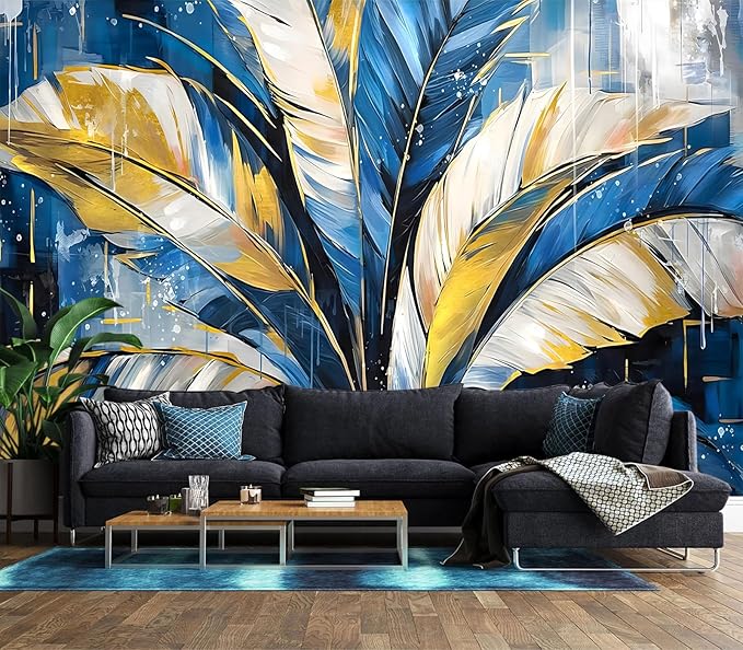 XMPMBM-Gold Abstraction Art Banana Leaf backsplash Large Decorative Wallpaper Graffiti Leaf Bedroom Bathroom Wall Mural- W 88" X H 59"（36 Square Foot）