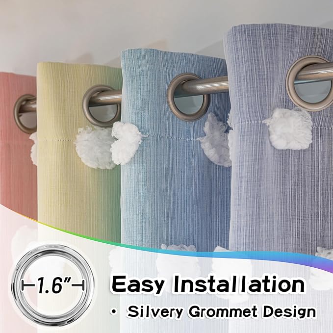 MYSKY HOME Nursery Curtains for Girl Bedroom Rainbow Curtains 72 Inches Long Pom Pom White Sheer Curtains for Kids Room Double Layer Toddler Bedroom Grommet Room Darkening Window Panels 52 x 72 in
