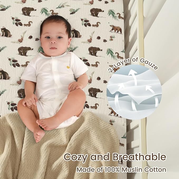 david's kids Muslin Mini Crib Sheets, 2 Pack Cotton Pack N Play Sheets for Boys, Soft Breathable Baby Sheets Fit Pack N Play, Playard and Mini Crib Mattresses, Woodland Animal