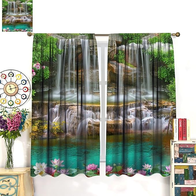 Waterfall Blackout Window Curtains, Rocky Waterfall to Pond Running Off Scenic Nature Themed Picture Print Window Drapes, for Living Room Bedroom 63x72in 2 Panels