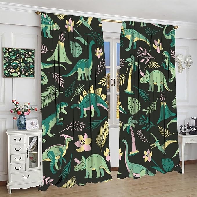 Dinosaurs Blackout Curtains Cartoon Cute Funny Dino Tropical Jungle Green Art Print for Kids Boys Bedroom Living Room Rod Pocket Decoration Window Drapes 2 Panels W27.5xL63in