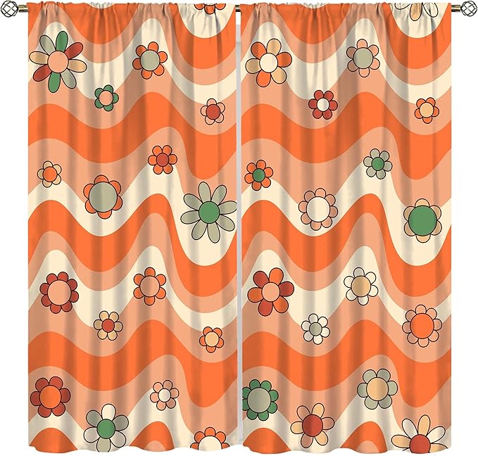 70s Boho Retro Curtains for Bedroom,Groovy Vintage Floral Rainbow Window Treatments Drapes for Kids Girls Window 84"" W X 84"" L, Style-6