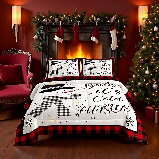 Kids Christmas Snowman Comforter Set Full Size,Snowflake Winter Bedding Set,Girls Boys Adults Xmas Decor,Geometric Grids Lattices Patch Down Comforter,Red Rustic Vintage Duvet Insert,2 Pillowcases