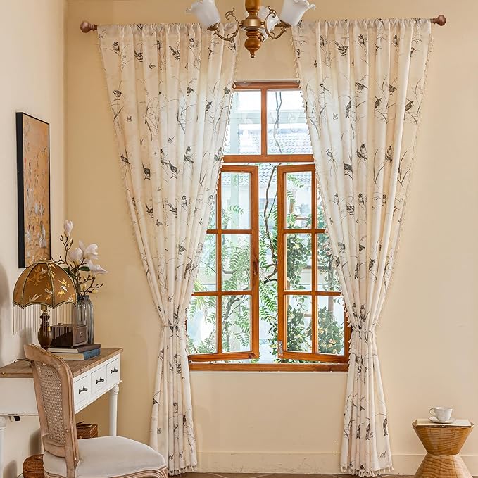 ENJOYBRIDAL Bird Patterned Curtains 84 Inches Semi Sheer Living Room Drapes Floral Bedroom Printed Farmhouse Window Curtain Panels Floor Length Boho 2 Panels Botanical Rod Pocket Window Treatments