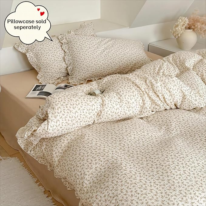 BuLuTu Muslin Kids Duvet Cover for Full Size Bed, Vintage Farmhouse Duvet Covers with Ruffles, Soft Cotton Comforter Cover, Camellia, Zipper Closure & Corner Ties, No Comforter