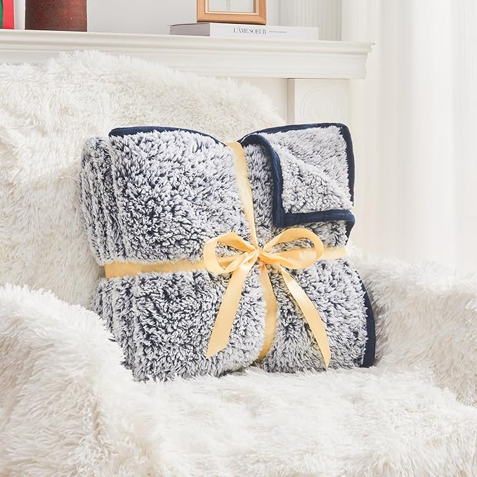 EMME Soft Sherpa Fleece Blanket Reversible Plush Fluffy Large Blanket, Light Weight Warm Decorative Boho Blanket Cover for Sofa, Couch, Bedroom,Travel(Plush Navy,60"x80")