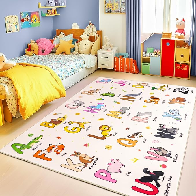Kids Rugs for Playroom, 5x7 Feet Educational Rug for Learn The ABC Alphabet, Soft Machine Washable Non-Slip Cute Cartoon Animals Carpet for Classroom Toddler Nursery Kids Room Decor, Beige
