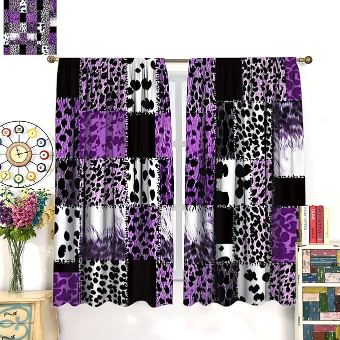 Brown Leopard Curtain, Purple Patchwork Cheetah Panthera Zebra Giraffe Print Safari Wildlife African Wild Animal Skin Window Curtains for Living Room Bedroom 55" W X 63" L